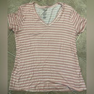 Nine West Pink and White Striped V-Neck Short Sleeve Top